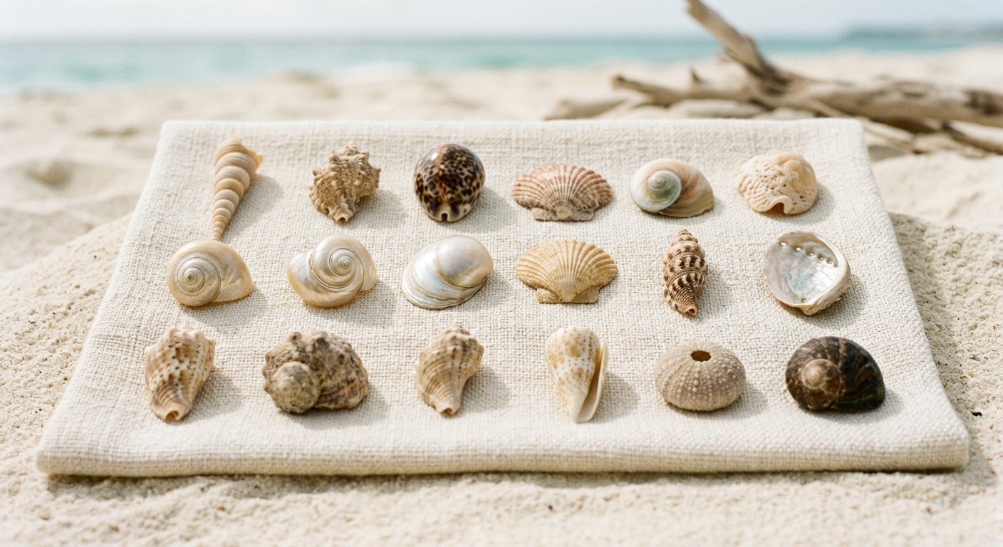 A collection of Nigerian seashells on linen — spirals, fans, cones and spotted forms, none alike