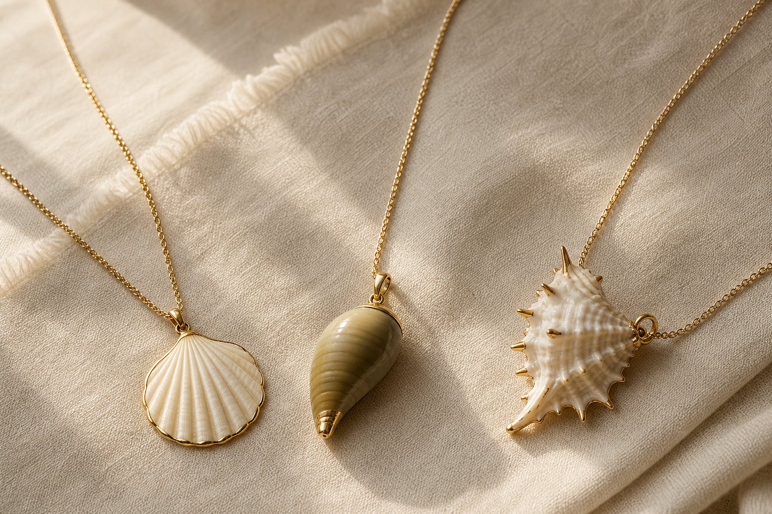 Finished flat, curved and spiked shell pendants on linen