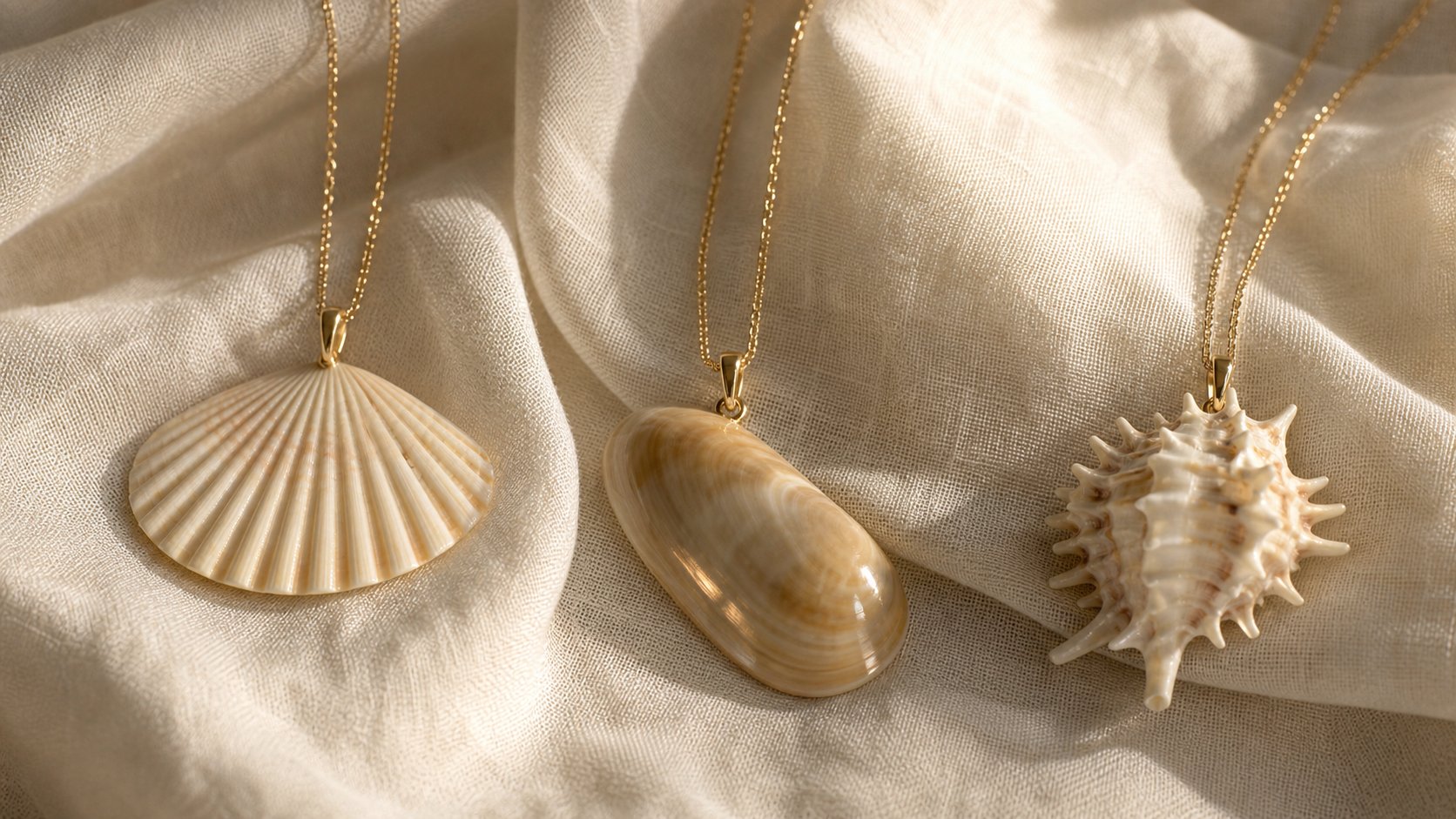 Three finished OMI shell pieces side by side on gold chains